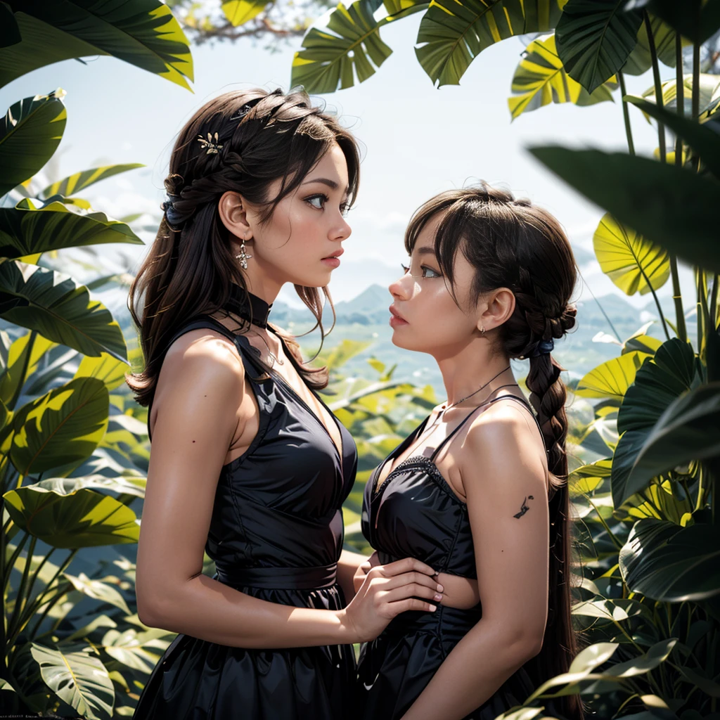 niji、eyesgod、alen4_kryukova、(Jungle Adventure:1.5)、Mangrove Forest、Wearing a black dress_A woman like a leopard:1.9、Caution expression、Photographed from the front、Cowboy Shot、Lush tropical foliage、Dramatic lighting、Cinematic composition、Very detailed、Photorealistic、8k、masterpiece