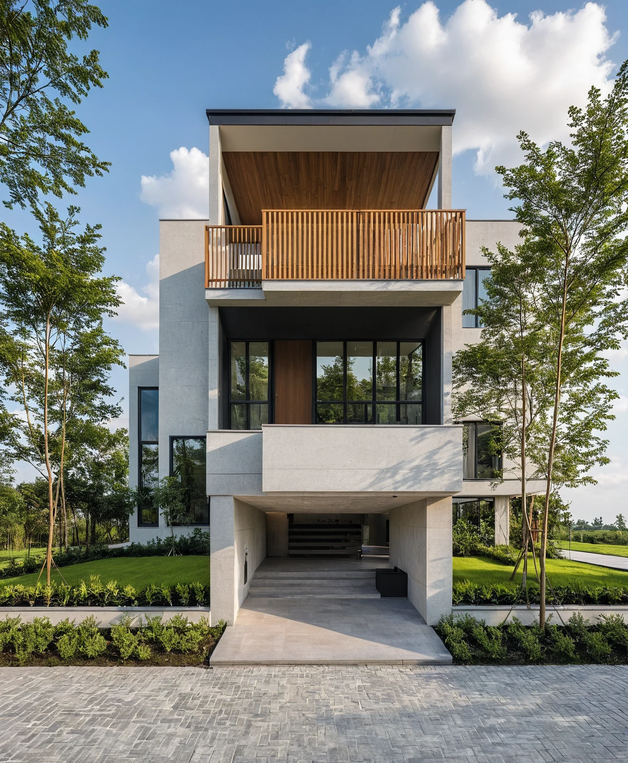 Masterpiece, high quality, best quality, authentic, super detail, outdoors, onestoreyvillaXL, aiaigroup, house style modern on the street ,stairs ,road,pavement, grass, trees, sky, cloud, (daylight:1.1)