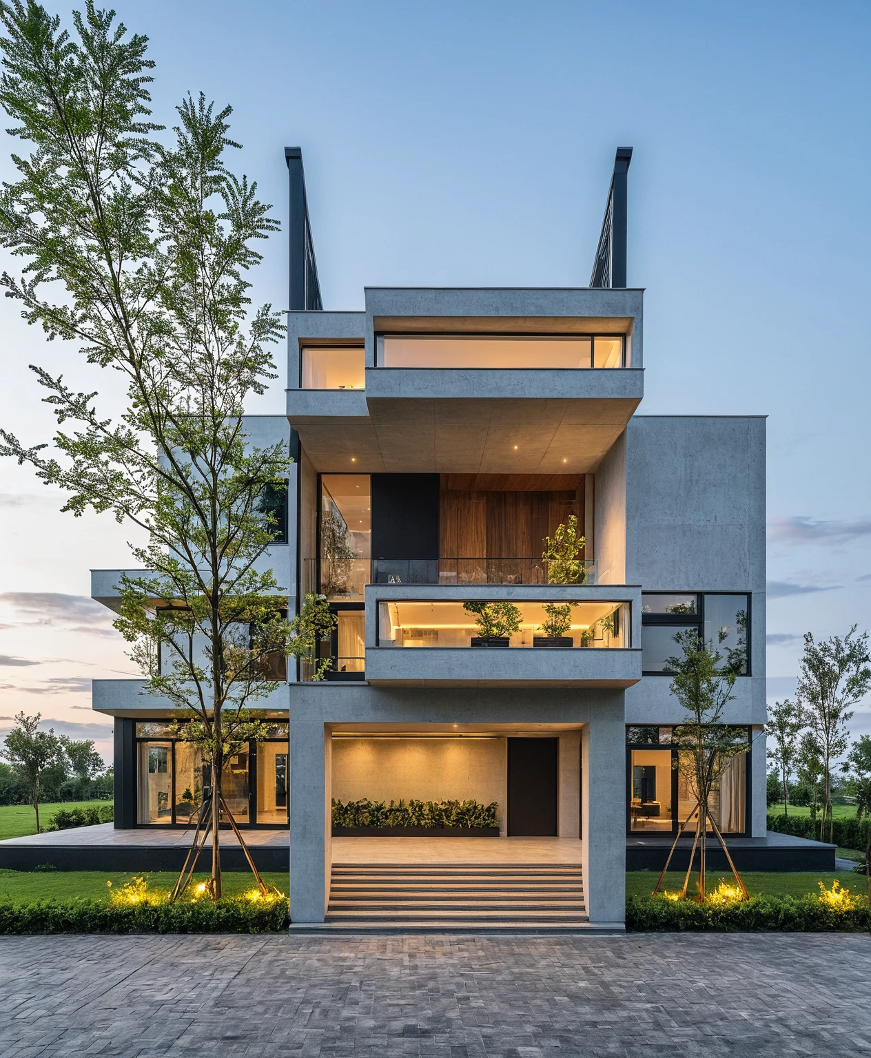 Masterpiece, high quality, best quality, authentic, super detail, outdoors, onestoreyvillaXL, aiaigroup, house style modern on the street ,stairs ,road,pavement, grass, trees, sky, cloud, (daylight:1.1)