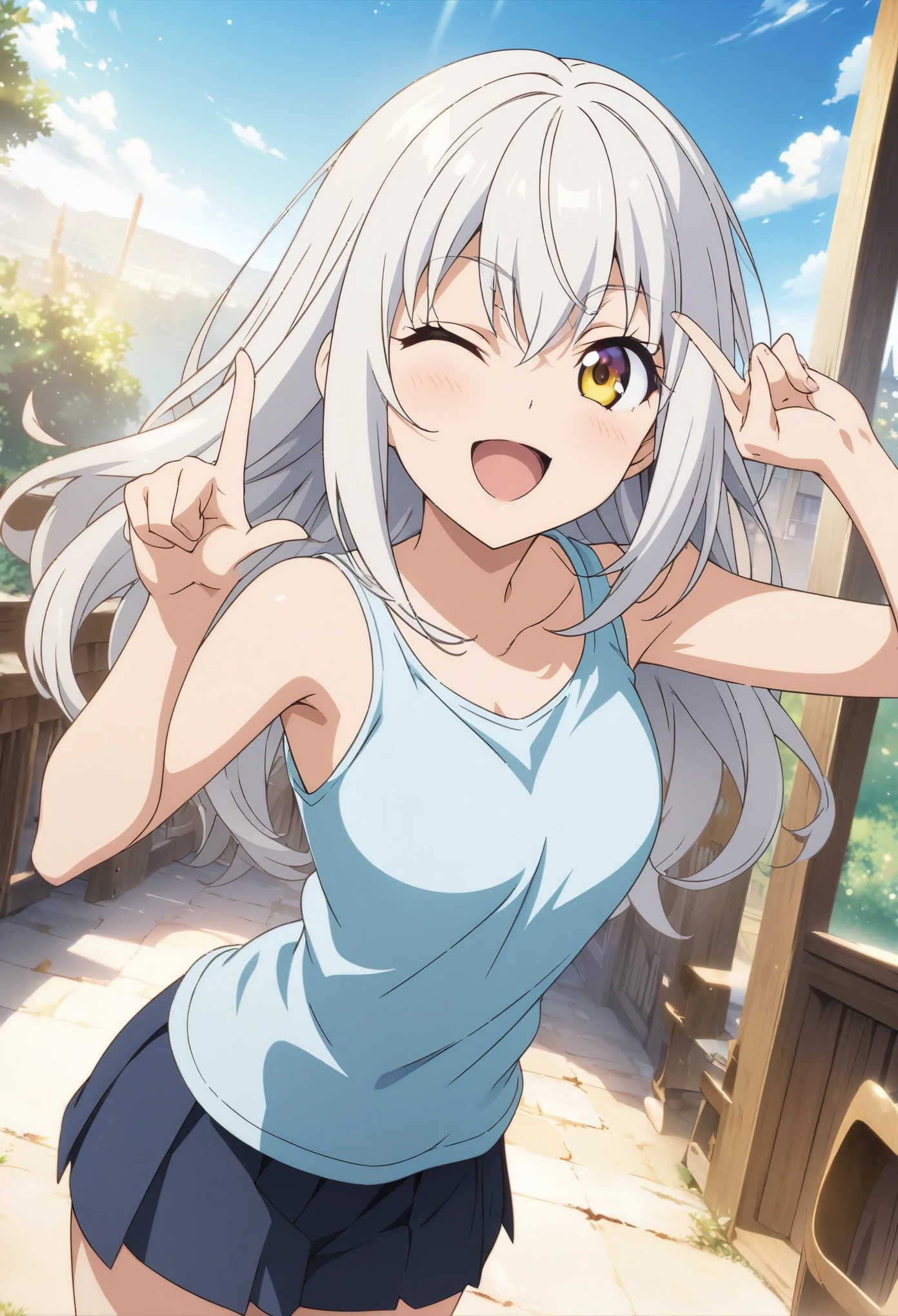masterpiece, Highest quality, Highly detailed CG Unity 8k wallpaper, High School Girl Anime Illustration. Wear an oversized tank top、Doing the finger guns pose、she has her eyes closed and mouth open, smile. The background is a light pastel colored landscape., White hair color, Yellow Eyes