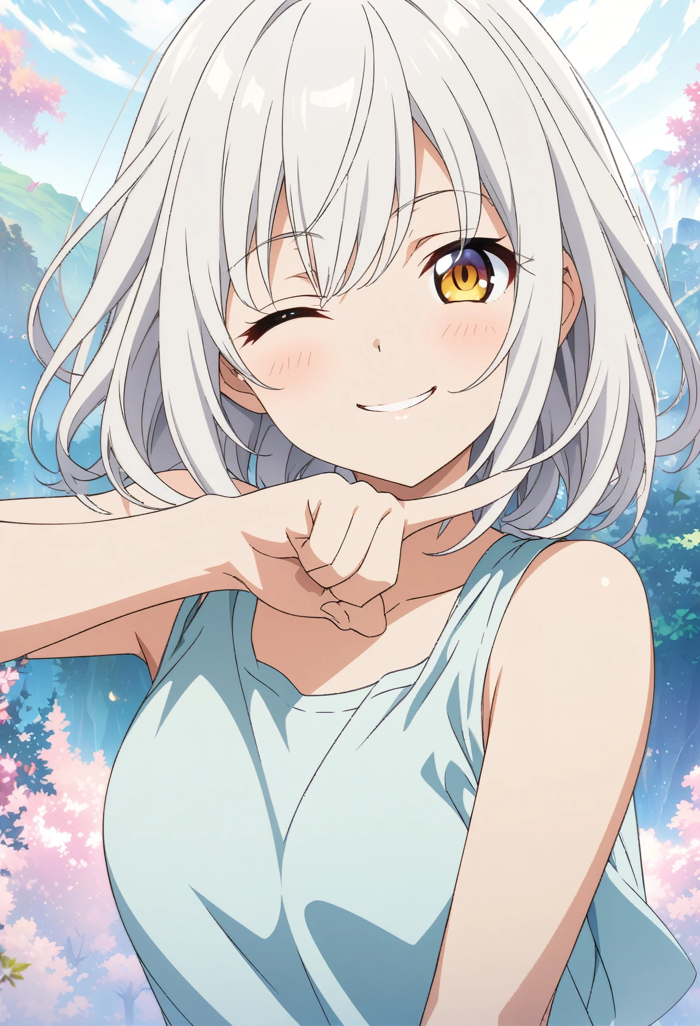 masterpiece, Highest quality, Highly detailed CG Unity 8k wallpaper, High School Girl Anime Illustration. Wear an oversized tank top、Doing the finger guns pose、she has her eyes closed and mouth open, smile. The background is a light pastel colored landscape., White hair color, Yellow Eyes