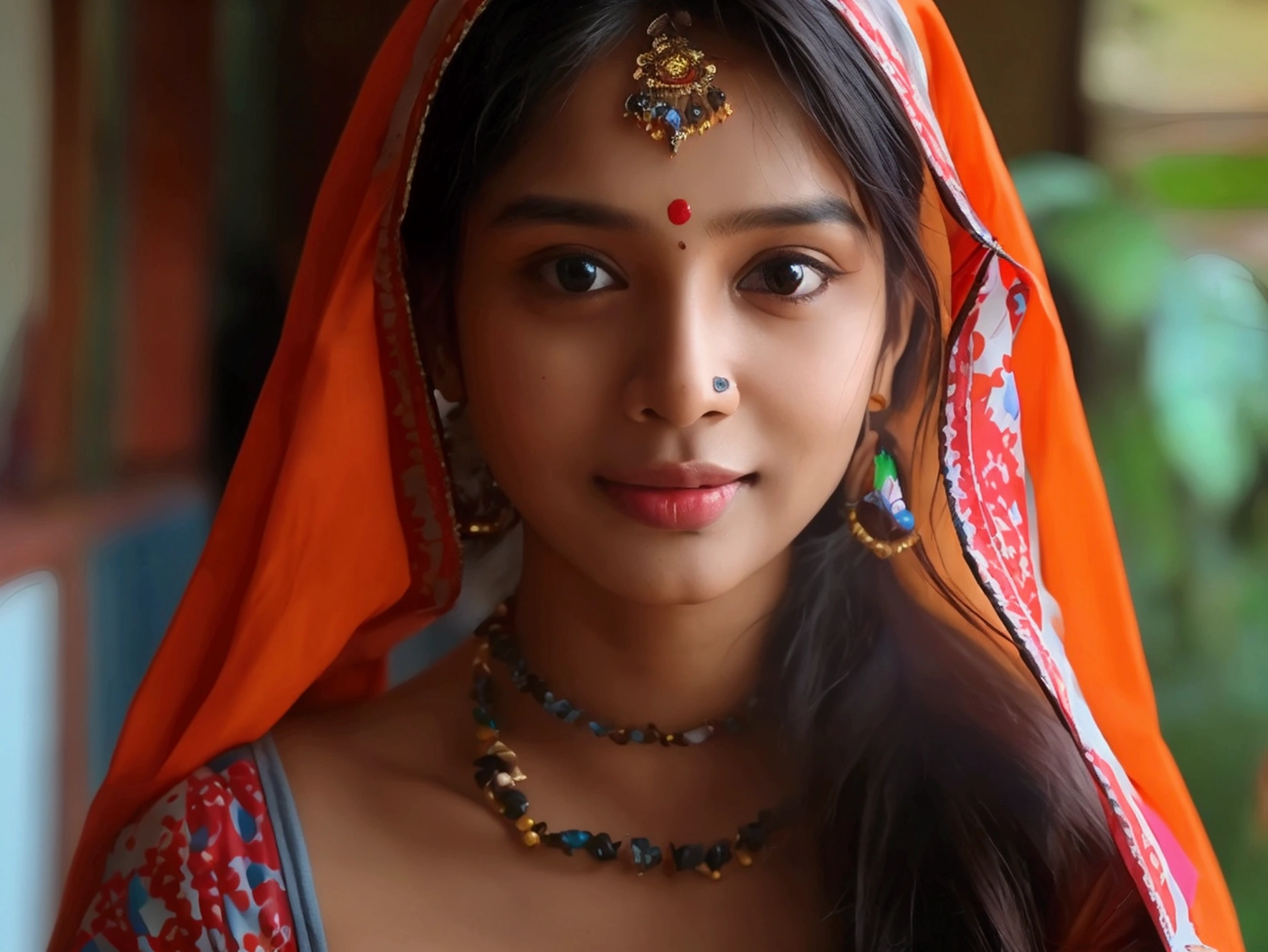 Cute north Indian Girl on omegle, Front angle, Looking at the camera, Giving a cute smile expression, starting to reveal her breasts, Young age 21-22 , cute attractive face, intimidating, makeup on face, very pretty, very low neck blouse, average size , cleavage exposed, cinematic, ultra realistic, 8k