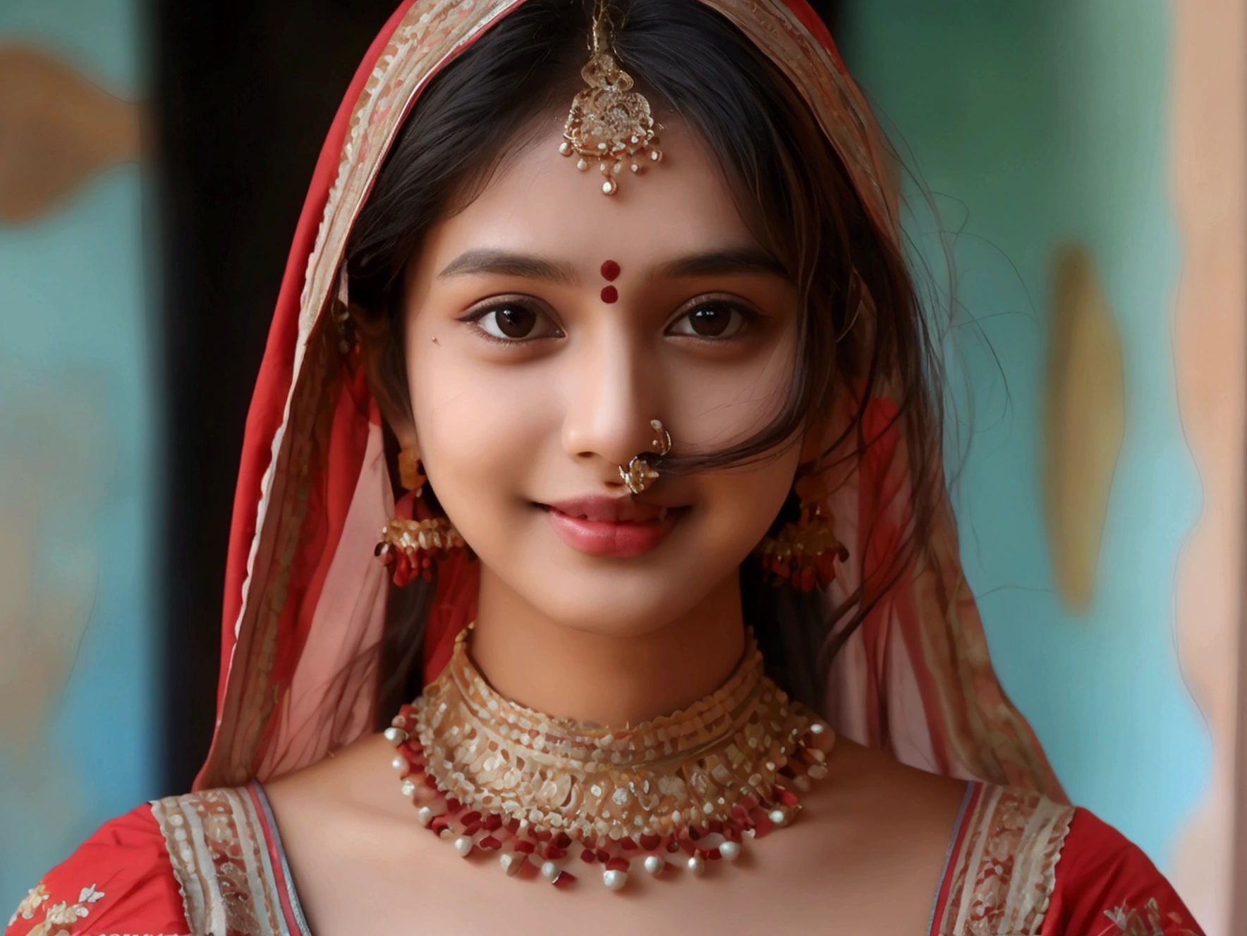 Cute north Indian Girl on omegle, Front angle, Looking at the camera, Giving a cute smile expression, starting to reveal her breasts, Young age 21-22 , cute attractive face, intimidating, makeup on face, very pretty, very low neck blouse, average size , cleavage exposed, cinematic, ultra realistic, 8k