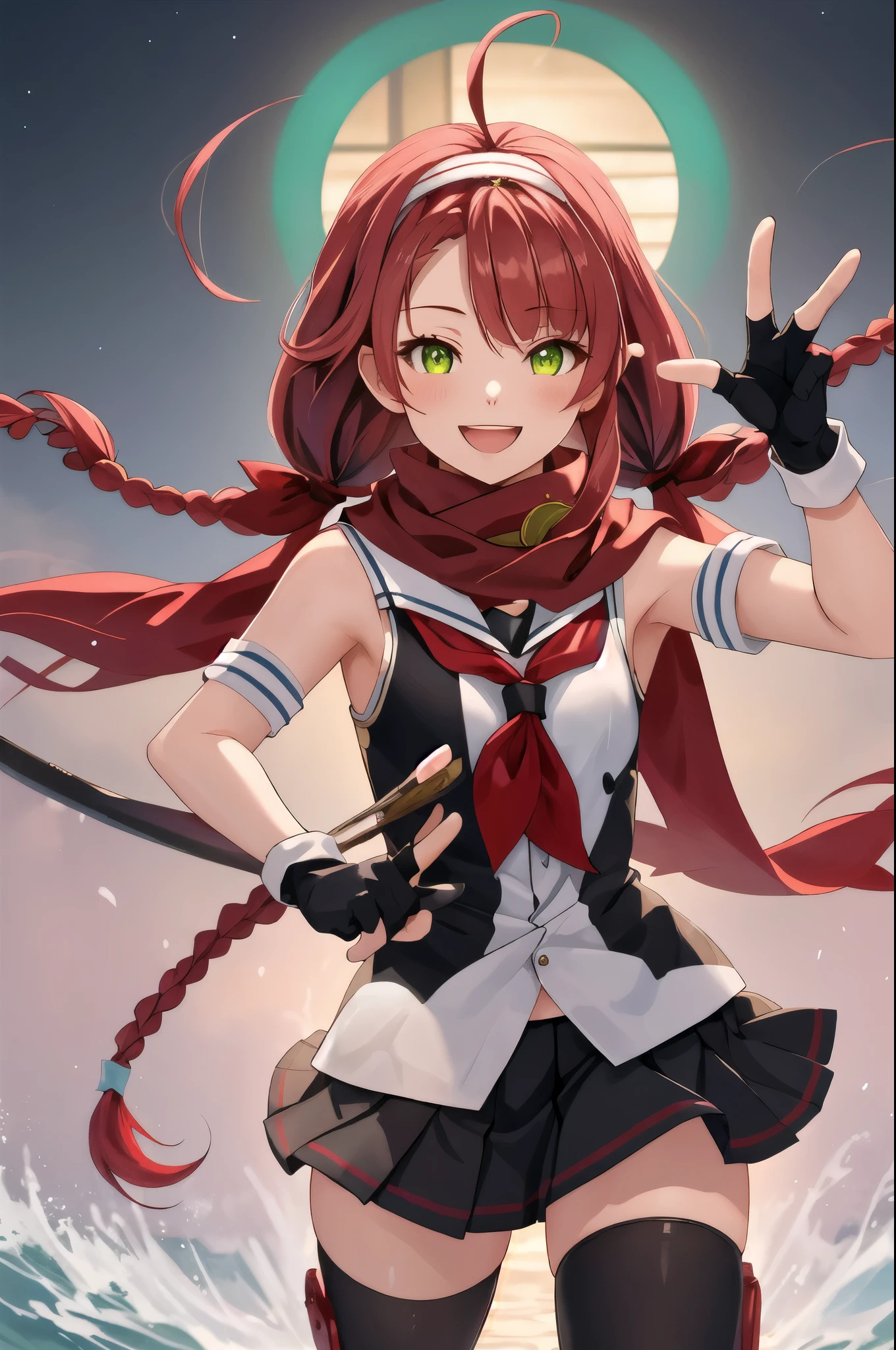 Highest quality, masterpiece, High resolution, 一人in, {Sichuan wind_Kantai Collection:1.15}, length_hair, red_hair, ribbon, hairband, hair_ribbon, 前hair, Ahoge, twintails, Side Lock, low_twintails, asymmetrical_前hair, very_length_hair, smile, green_eye, Seraphim, Sleeveless, hair_flap, 1 girl, black_gloves, Braiding, Cape, elbow_gloves, fingerless_gloves, gloves, looking for_in_Audience, scarf, School_uniform, twin_Braidings, yellow_eye, neckerchief, skirt, torpedo, mechanical, Open_mouth, pleined_skirt