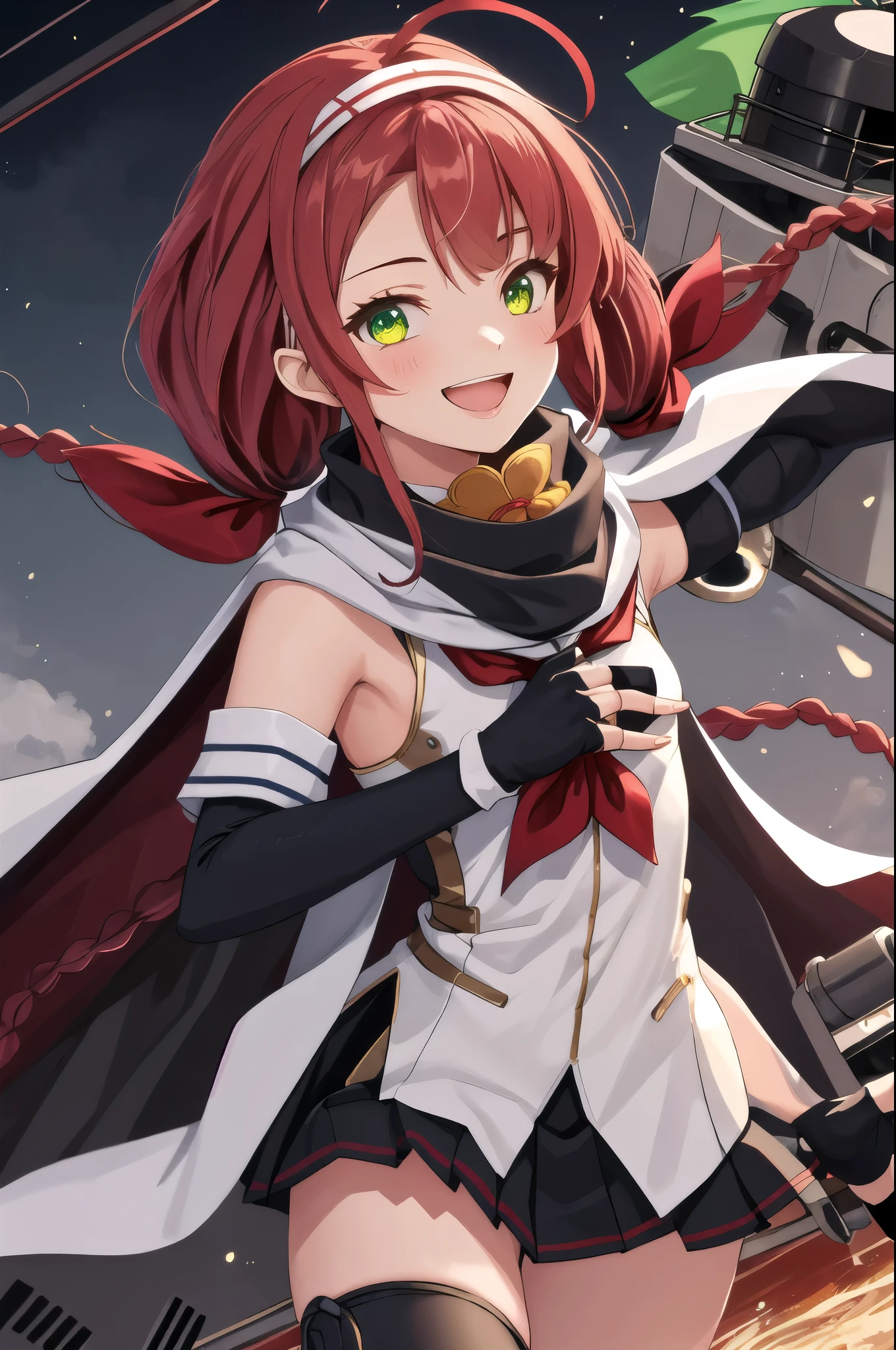 Highest quality, masterpiece, High resolution, 一人in, {Sichuan wind_Kantai Collection:1.15}, length_hair, red_hair, ribbon, hairband, hair_ribbon, 前hair, Ahoge, twintails, Side Lock, low_twintails, asymmetrical_前hair, very_length_hair, smile, green_eye, Seraphim, Sleeveless, hair_flap, 1 girl, black_gloves, Braiding, Cape, elbow_gloves, fingerless_gloves, gloves, looking for_in_Audience, scarf, School_uniform, twin_Braidings, yellow_eye, neckerchief, skirt, torpedo, mechanical, Open_mouth, pleined_skirt