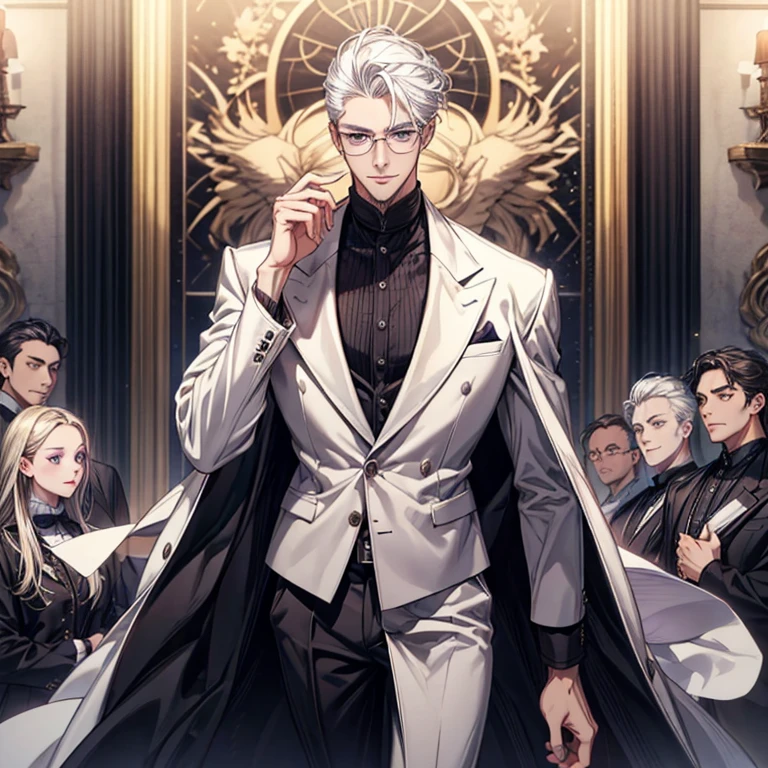 （expression：gentle）、（Mouth：Smile）、（Eyes looking into the camera），uncle，middle aged male tall，masterpiece, best quality, lifelike, 1 boy, alone, male focus, looking at the audience, , （beard：goatee）,An attractive and refined man with white hair, dressed in a sleek white suit, and paired with purple eyes that seem to peer into one's soul, sportive glasses that add a scholarly touch to his demeanor. His tall and lean figure is both commanding and graceful, exuding an aura of professionalism and approachability. Despite his powerful psychological abilities, he remains ethical and uses his skills to help others.