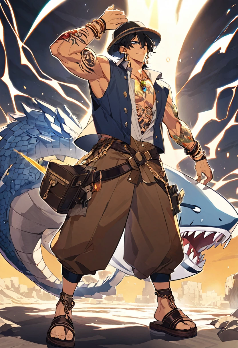 The evil dragon is a blue jagged shark man with a huge body and muscles. The most obvious feature is the jagged nose. On the head is shoulder-length black hair covered by an ear-protecting winter hat, with a fin on it and a pair of gills on the shoulders. He has a tattoo of the Sun Pirates on his chest and a tattoo of the Dragon Pirates on his left wrist. Distinctive features include slender, fierce light blue eyes and a long, horny jaw. [1]

The evil dragon wears a rather fashionable light jacket, reflecting his wealthy status and gangster background. He wears a short-sleeved, unbuttoned yellow beach shirt with many black lightning bolts on it, brown Bermuda shorts in the comics and green in the anime, a purple loincloth, and sandals. He wears gold and silver: there is a gold bracelet on his left wrist, and gold chains on each ankle, with straw-like decorations on them. There is a gemstone ring on the hand. [1] However, according to Odaji's explanation, those are not rings, but piercings, because the evil dragon with webbed palms cannot wear rings. [9]

When he was still a member of the Sun Pirates, he wore a sleeveless, unbuttoned A-shirt with floral patterns, a bowler hat, and baggy pants. His ankles are already decorated with straw and he also wears earrings.