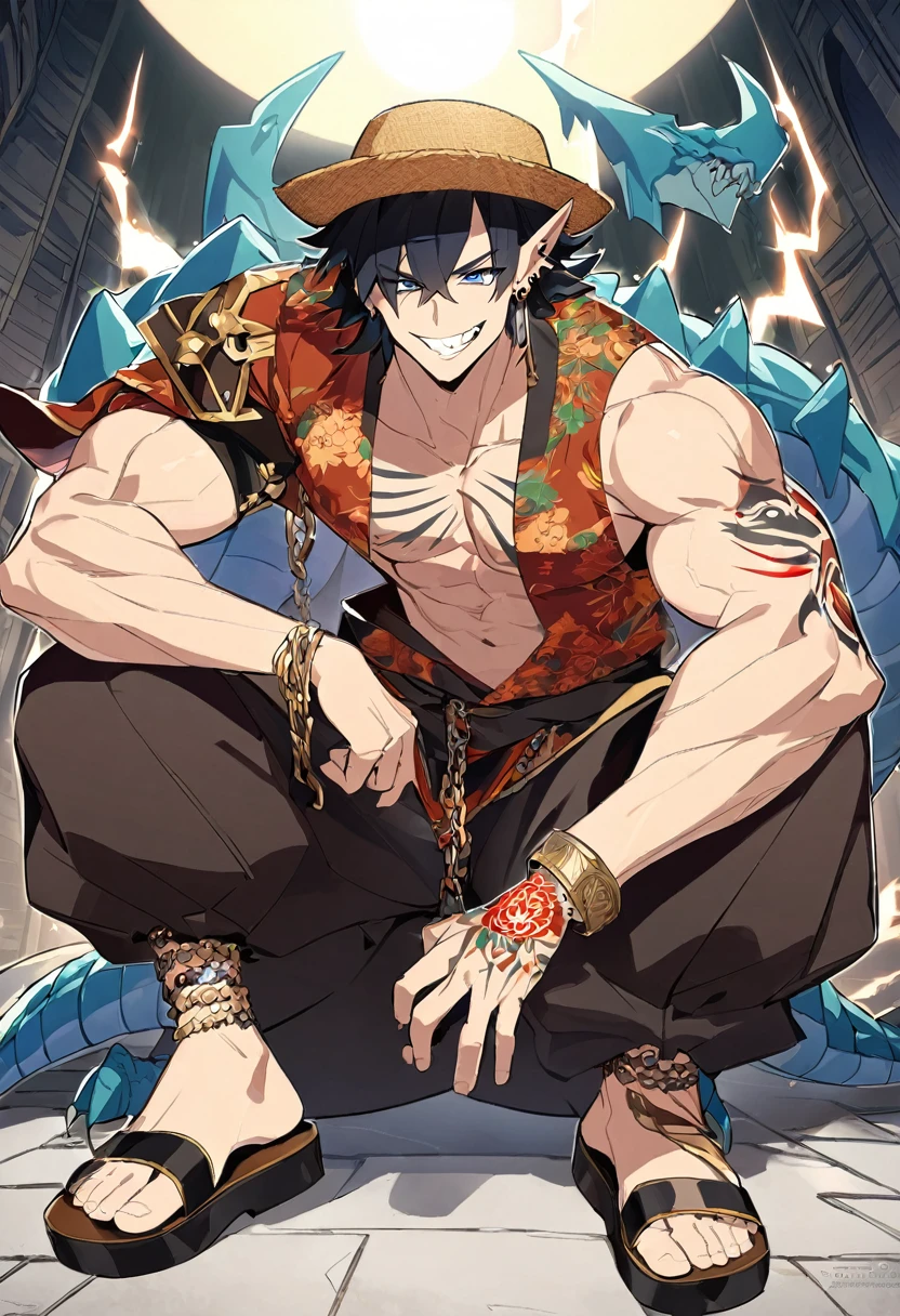 The evil dragon is a blue jagged shark man with a huge body and muscles. The most obvious feature is the jagged nose. On the head is shoulder-length black hair covered by an ear-protecting winter hat, with a fin on it and a pair of gills on the shoulders. He has a tattoo of the Sun Pirates on his chest and a tattoo of the Dragon Pirates on his left wrist. Distinctive features include slender, fierce light blue eyes and a long, horny jaw. [1]

The evil dragon wears a rather fashionable light jacket, reflecting his wealthy status and gangster background. He wears a short-sleeved, unbuttoned yellow beach shirt with many black lightning bolts on it, brown Bermuda shorts in the comics and green in the anime, a purple loincloth, and sandals. He wears gold and silver: there is a gold bracelet on his left wrist, and gold chains on each ankle, with straw-like decorations on them. There is a gemstone ring on the hand. [1] However, according to Odaji's explanation, those are not rings, but piercings, because the evil dragon with webbed palms cannot wear rings. [9]

When he was still a member of the Sun Pirates, he wore a sleeveless, unbuttoned A-shirt with floral patterns, a bowler hat, and baggy pants. His ankles are already decorated with straw and he also wears earrings.