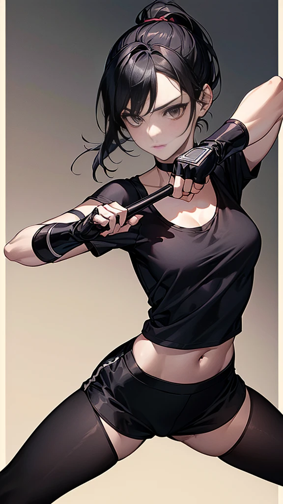 ((Highest quality)), ((masterpiece)), (detailed) {{{Slender female martial arts instructor}}} Shorts {{Décolletage}} Short sleeve T-shirt Mature Woman ((Combat Stance)) Long fingerless gloves Black tights {{Inside the dojo}} Black Hair ponytail ((Leggings with integrated shorts)) clavicle choker