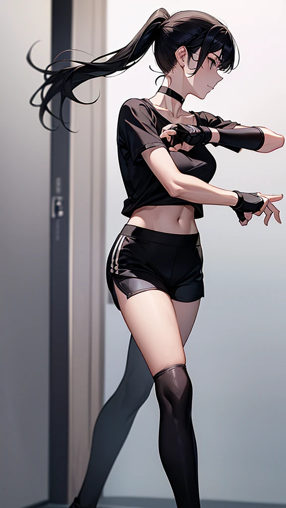 ((Highest quality)), ((masterpiece)), (detailed) {{{Slender female martial arts instructor}}} Shorts {{Décolletage}} Short sleeve T-shirt Mature Woman ((Combat Stance)) Long fingerless gloves Black tights {{Inside the dojo}} Black Hair ponytail ((Leggings with integrated shorts)) clavicle choker