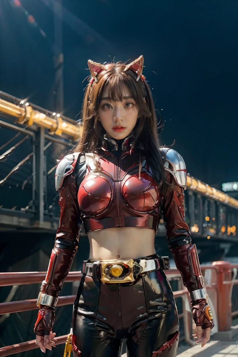1girl, solo, 8K, Top,hentail realism、Front lighting,Kamen Rider Scarlet_Sun。Metallic body,Crimson shone with a silver glow、Wear a deformed belt、Burn with a righteous heart, She follows the minions of evil々Defeat。The fighting intensified、The last enemy appears。Special moves(Crimson crushed)、Kamen Rider illuminates the darkness。