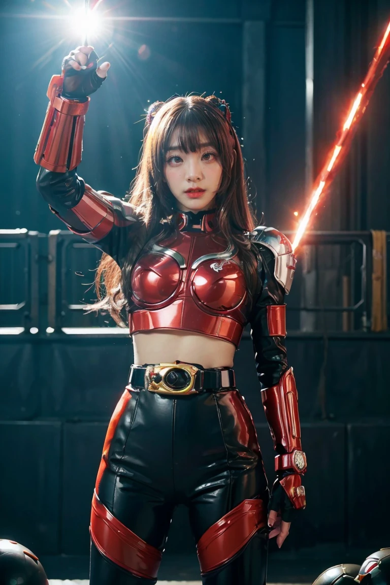 1girl, solo, 8K, Top,hentail realism、Front lighting,Kamen Rider Scarlet_Sun。Metallic body,Crimson shone with a silver glow、Wear a deformed belt、Burn with a righteous heart, She follows the minions of evil々Defeat。The fighting intensified、The last enemy appears。Special moves(Crimson crushed)、Kamen Rider illuminates the darkness。