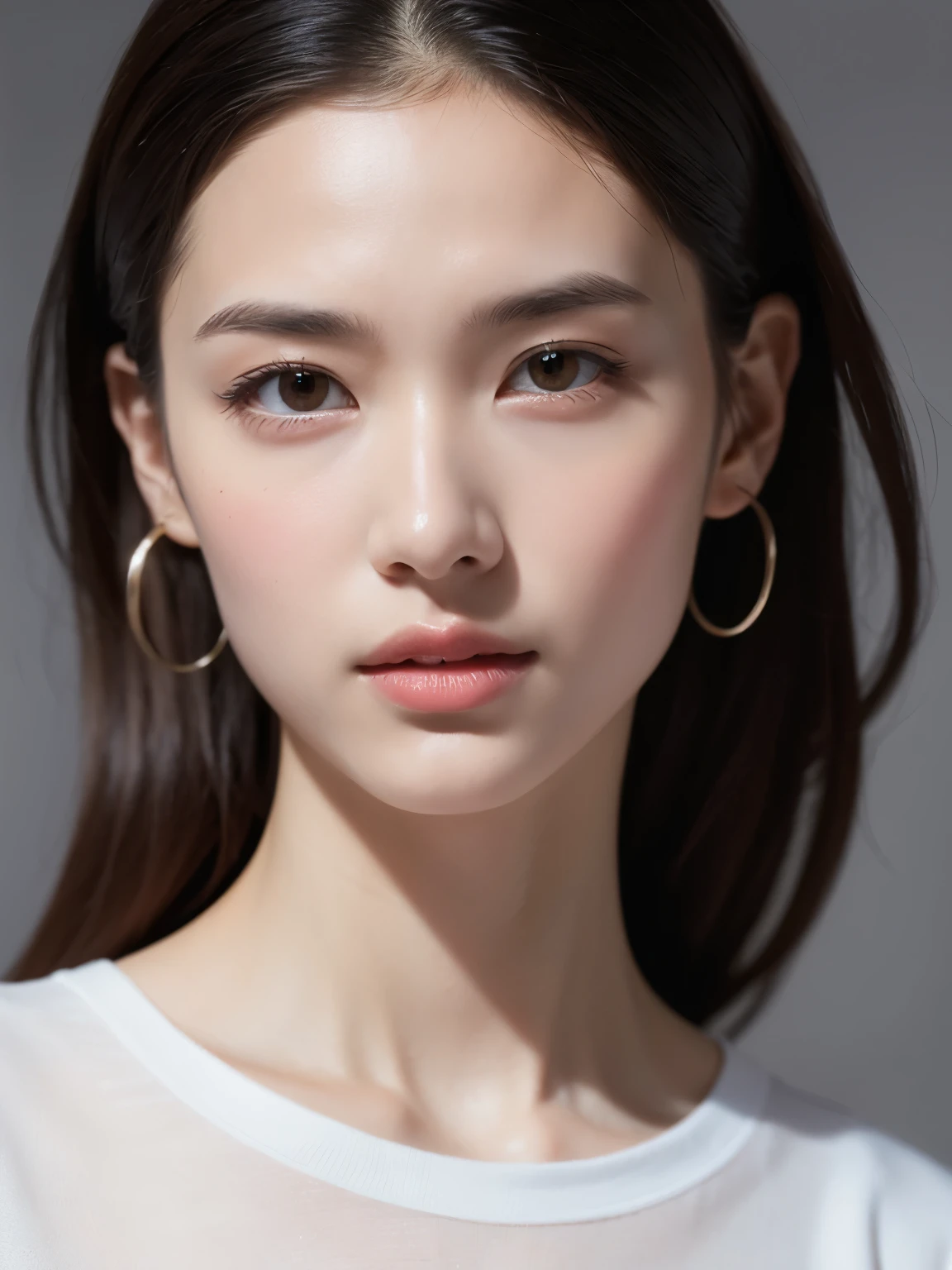 masterpiece、best quality、High Detail、1 female、(Photorealism:1.4)、Solitary、Natural human skin、White background、Turn to one side、University Teachers'Don't look at the camera、Round Face、Long-sleeved shirt、Shot in front of white door、short hair、shut your mouth、Smile、Smile happily、Beautiful brunette、length、big eyes、Clear double eyelids、eyelash、Long Neck、((Upper Body, ))、(cap、Draw all the shoulders)、attractive proportions、Radiant Skin、Beautiful clavicle、Golden ratio face、Tear mole、Lip Gloss、Thin lips、White skin