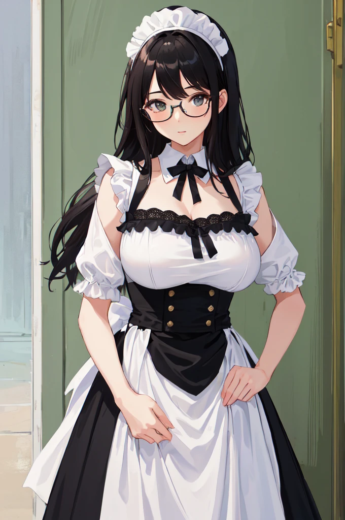 {{masterpiece}},high quality, 4K, 2D, 1 girl,{simple gray background},50 years old,standing,sagging breasts,{{gigantic breasts}},maid,front face,{{tareme}},attractive mature lady,black hair, {from right in front of face and body},View viewers from front,{front facing shot},Wear glasses,mole under eye,(serious:0.1)