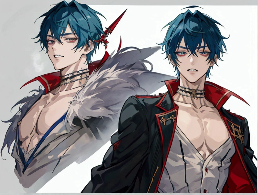 Anime boy with sharp teeth and many peircings, crazy male, attractive, sharp eyes, eyebags, character sheet, character reference sheet