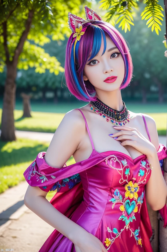 (masterpiece:1.4), (best quality:1.4), ultra high res, ultra high resolution, ((ultra detailed facial features)), HDR, (realistic, photorealistic, photo-realistic:1.37), full body Esbian, sexy Swedish model, (-anime), vivid colors, ((vivid colors multicolor (fuchsia, pink, light blue, purple) very short hair)), (seductive smile), ultra detailed metallic makeup, lip-gloss, long lashes, defined eyebrows, wearing large sparkling colorful jewelery, wearing a red silk Paradise Kiss cosplay dress with black floral embroidery, ((vivid colors outfit)), vivid colors, look at the camera, cinematic light, large park background with trees, sweet and sexy pose