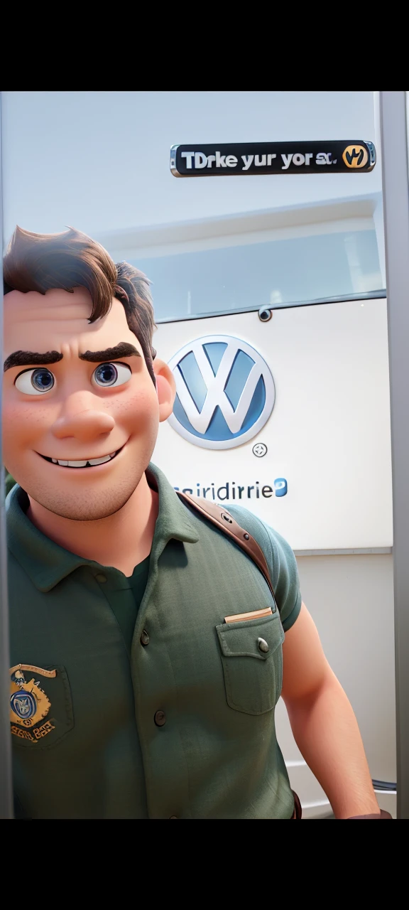 Disney Pixar 3D of a young and elegant, firefighter, Volkswagen logo on the back 