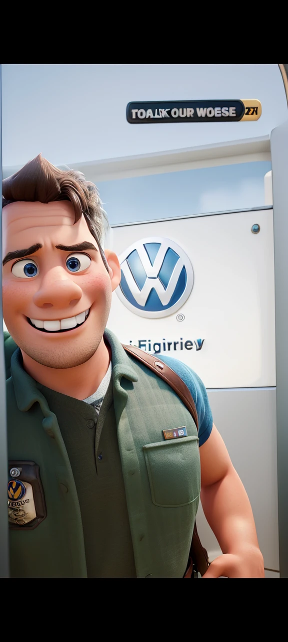 Disney Pixar 3D of a young and elegant, firefighter, Volkswagen logo on the back