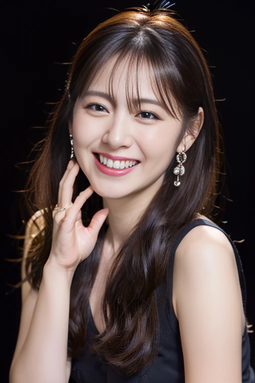 highest quality, masterpiece, ultra high resolution, (realistic:1.4),very detailed,professional lighting smile,black hair、toothy smile、black hair、ear piercing、necklace around neck