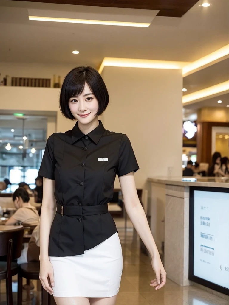 Highest quality、masterpiece、8k、Very detailed、Realistic、Looking at me with a smile、whole body、Black Hair、Short Hair、Small face、Slender、Big Breasts、Thin and beautiful legs、narrow and constricted waist,、Family Restaurant Uniforms