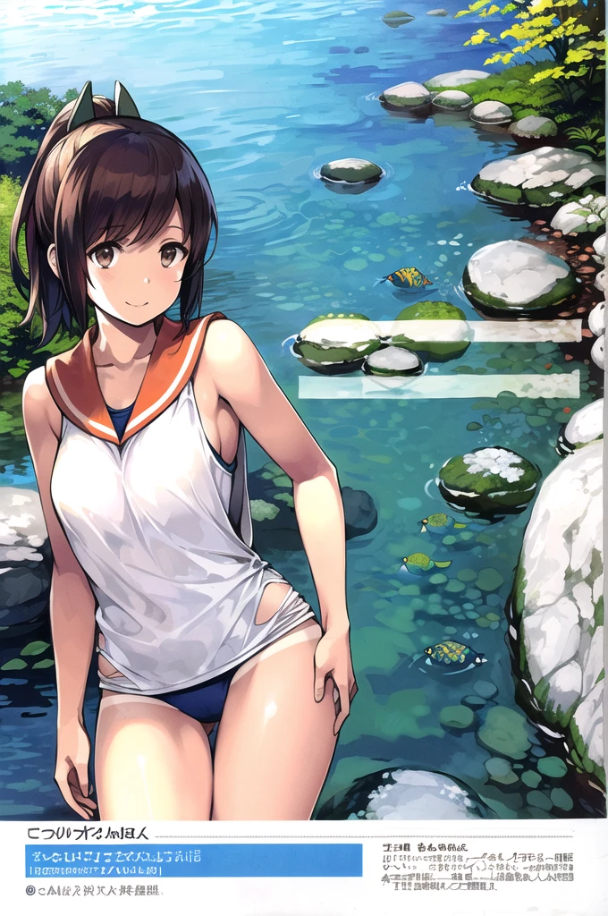 (masterpiece), (Highest quality), (Very detailed), Realistic, (Best illustrations), (Very delicate and beautiful), One girl, Shio-chan, alone, Very detailed風景, (Tan Lines), One piece swimsuit, Old school swimsuit, hair ornaments, smile, whole body, Detailed Background, water scenery, sunlight, Orange sailor collar, White shirt, No sleeve, Brown eyes, Short Ponytail, Wear a swimsuit under your clothes, swimming, Submerged, Freediving,