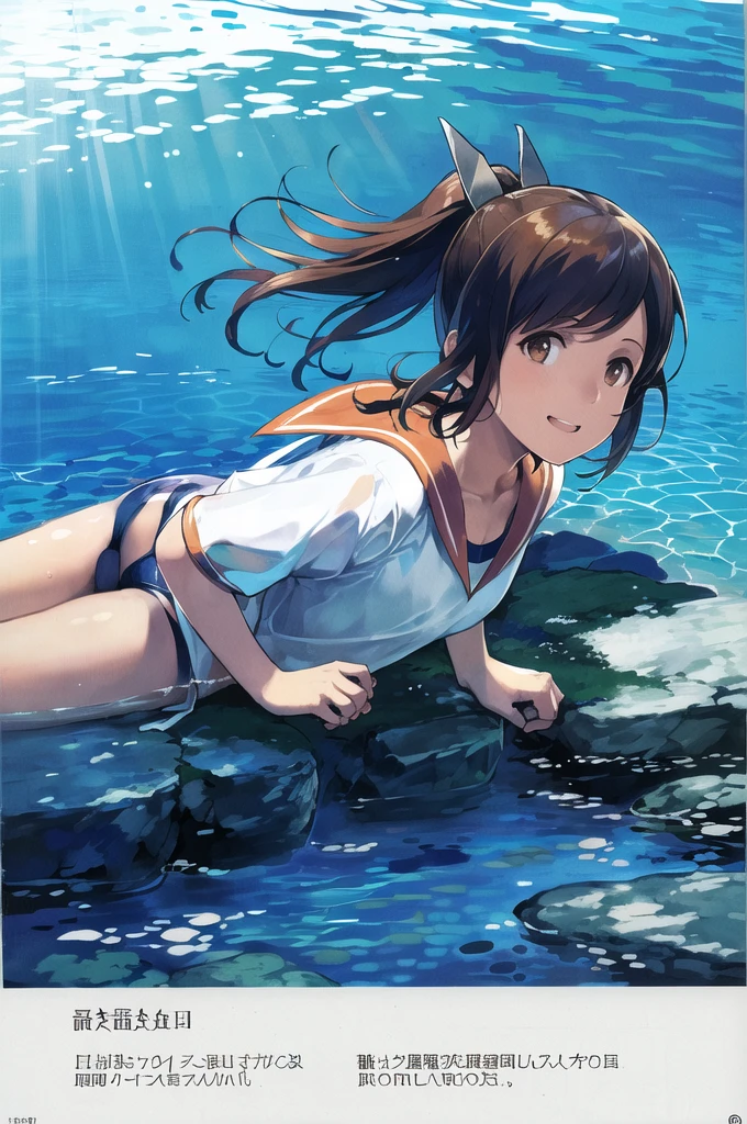 (masterpiece), (Highest quality), (Very detailed), Realistic, (Best illustrations), (Very delicate and beautiful), One girl, Shio-chan, alone, Very detailed風景, (Tan Lines), One piece swimsuit, Old school swimsuit, hair ornaments, smile, whole body, Detailed Background, water scenery, sunlight, Orange sailor collar, White shirt, No sleeve, Brown eyes, Short Ponytail, Wear a swimsuit under your clothes, swimming, Submerged, Freediving,