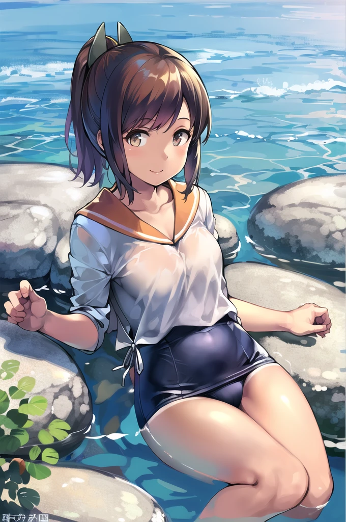 (masterpiece), (Highest quality), (Very detailed), Realistic, (Best illustrations), (Very delicate and beautiful), One girl, Shio-chan, alone, Very detailed風景, (Tan Lines), One piece swimsuit, Old school swimsuit, hair ornaments, smile, whole body, Detailed Background, water scenery, sunlight, Orange sailor collar, White shirt, No sleeve, Brown eyes, Short Ponytail, Wear a swimsuit under your clothes, swimming, Submerged, Freediving,