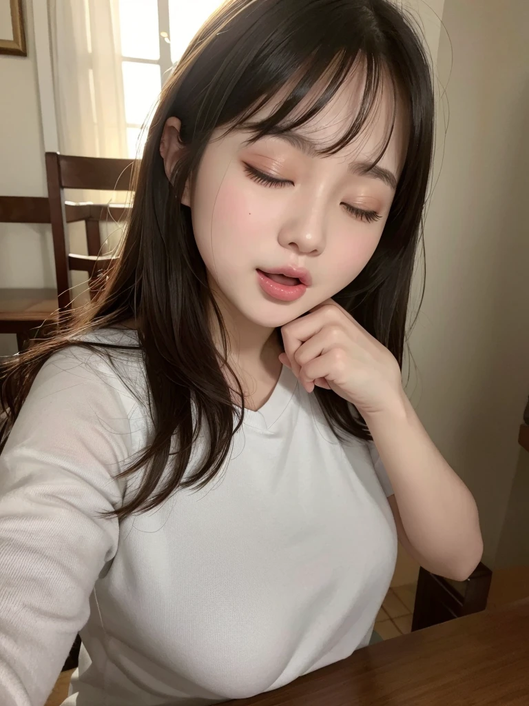 Highest quality、masterpiece、8k、Very detailed、Realistic、One girl、Eyes closed、Mouth open and tongue out、I&#39;m climaxing、Black Hair、Short Hair、Small face、Slender、Saggy big breasts、Thin and beautiful legs、narrow and constricted waist,、Completely naked、Sucking a dick、Drooling