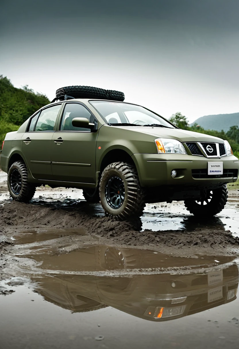 What would a Nissan Sentra sedan, model 2008, be like, customized for off-road, with mud tires and raised suspension, painted in matte olive green, without chrome parts, with stickers and military markings in the Second World War style?