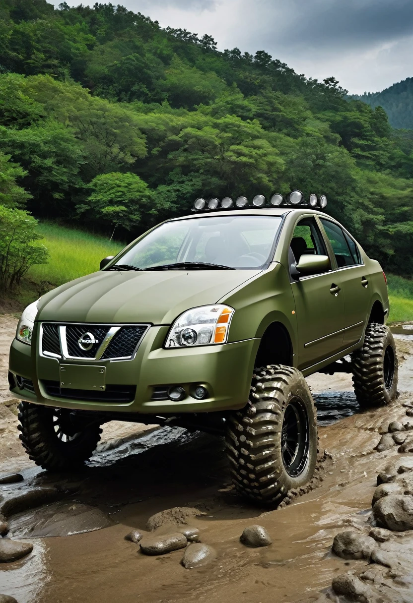 What would a Nissan Sentra sedan, model 2008, be like, customized for off-road, with mud tires and raised suspension, painted in matte olive green, without chrome parts, with stickers and military markings in the Second World War style?