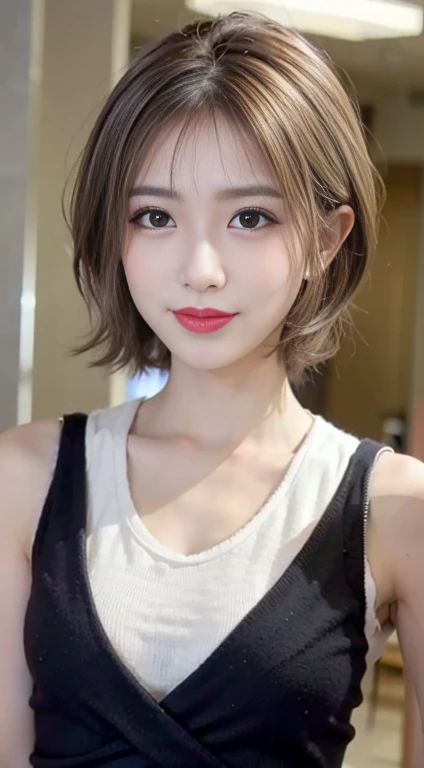 blush a little and smile, (Top quality masterpiece:1.2) Delicate illustrations, Very detailed, /Beautiful Japanese Women、1 person,Very cute and slim、Great style 、((8k images、super high quality))、Very delicate face, Big Breasts、Skin and Hair、beautifule forehead、Red lipstick、(((((short hair、Blonde、lure))))),Very cute Japanese cut face、Eyes and nose are clearly visible、Kind eyes,((((Black sleeveless fashion))))