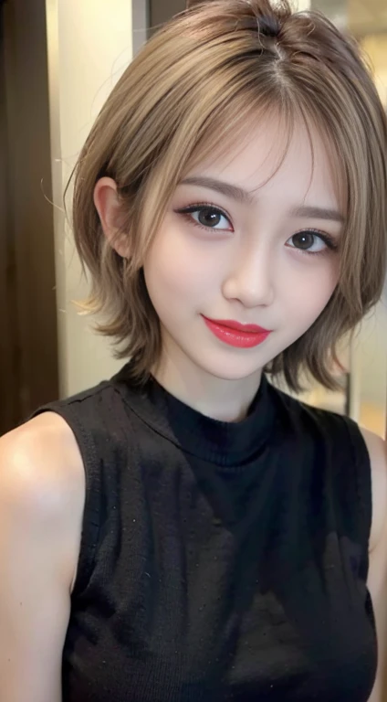 blush a little and smile, (Top quality masterpiece:1.2) Delicate illustrations, Very detailed, /Beautiful Japanese Women、1 person,Very cute and slim、Great style 、((8k images、super high quality))、Very delicate face, 、Skin and Hair、beautifule forehead、Red lipstick、(((((short hair、Blonde、lure))))),Very cute Japanese cut face、Eyes and nose are clearly visible、Kind eyes,((((Black sleeveless fashion))))