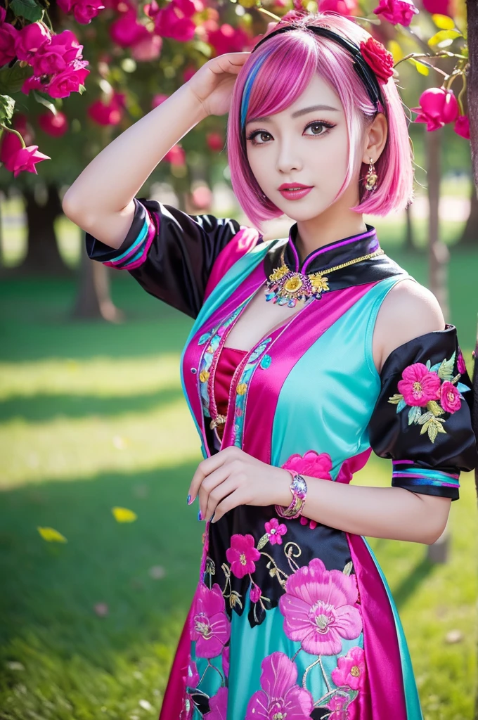 (masterpiece:1.4), (best quality:1.4), ultra high res, ultra high resolution, ((ultra detailed facial features)), HDR, (realistic, photorealistic, photo-realistic:1.37), full body Esbian, sexy Vietnamese model, (-anime), vivid colors, ((vivid colors multicolor (fuchsia, pink, light blue, purple) very short hair)), (seductive smile), ultra detailed metallic makeup, lip-gloss, long lashes, defined eyebrows, wearing large sparkling colorful jewelery, wearing a red silk Paradise Kiss cosplay dress with black floral embroidery, ((vivid colors outfit)), vivid colors, look at the camera, cinematic light, large park background with trees, sweet and sexy pose