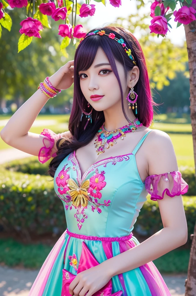 (masterpiece:1.4), (best quality:1.4), ultra high res, ultra high resolution, ((ultra detailed facial features)), HDR, (realistic, photorealistic, photo-realistic:1.37), full body Esbian, sexy Vietnamese model, (-anime), vivid colors, ((vivid colors multicolor (fuchsia, pink, light blue, purple) very short hair)), (seductive smile), ultra detailed metallic makeup, lip-gloss, long lashes, defined eyebrows, wearing large sparkling colorful jewelery, wearing a red silk Paradise Kiss cosplay dress with black floral embroidery, ((vivid colors outfit)), vivid colors, look at the camera, cinematic light, large park background with trees, sweet and sexy pose
