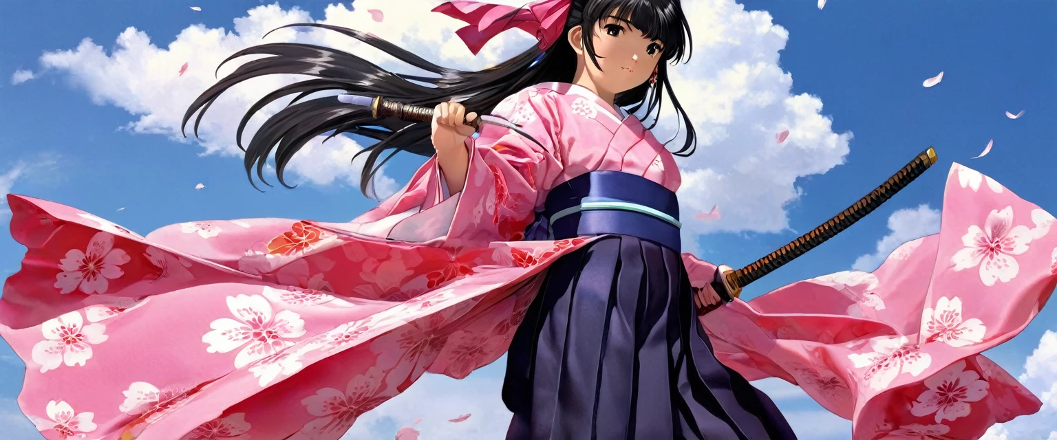 10 year old girl underwear, sakura shinguuji、Realistic bloomers made from patterned cotton fabric, Kimono and Hakama, Fabric Realism, Low Angle, I see bloomers, Pull up the dress by hand, Strong winds, Translucent slip, Translucent slip, tights, Highest quality, whole body、Black Hair、Holding a sword、Big ribbon in hair