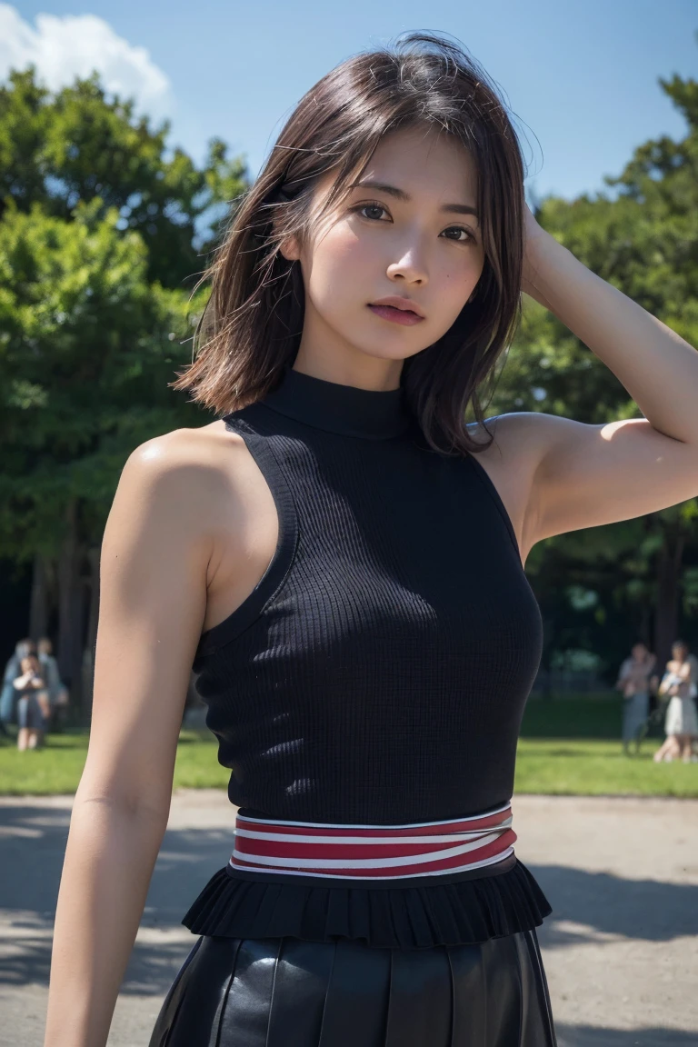 (Highest quality:1.4),(masterpiece:1.4),(Realistic:1.4),(Realistic:1.2),(超High resolution, RAW Photos:1.4),(High resolution, Ultra-detailed:1.2),(8k:1.2),Cinematic photography,a photo of a dark-haired,One girl,alone,wear ,((Japanese female warrior))、((Upper Body:1.3))、Raise your arms to show your sides、((Raise your arms to show your sides))、In the park