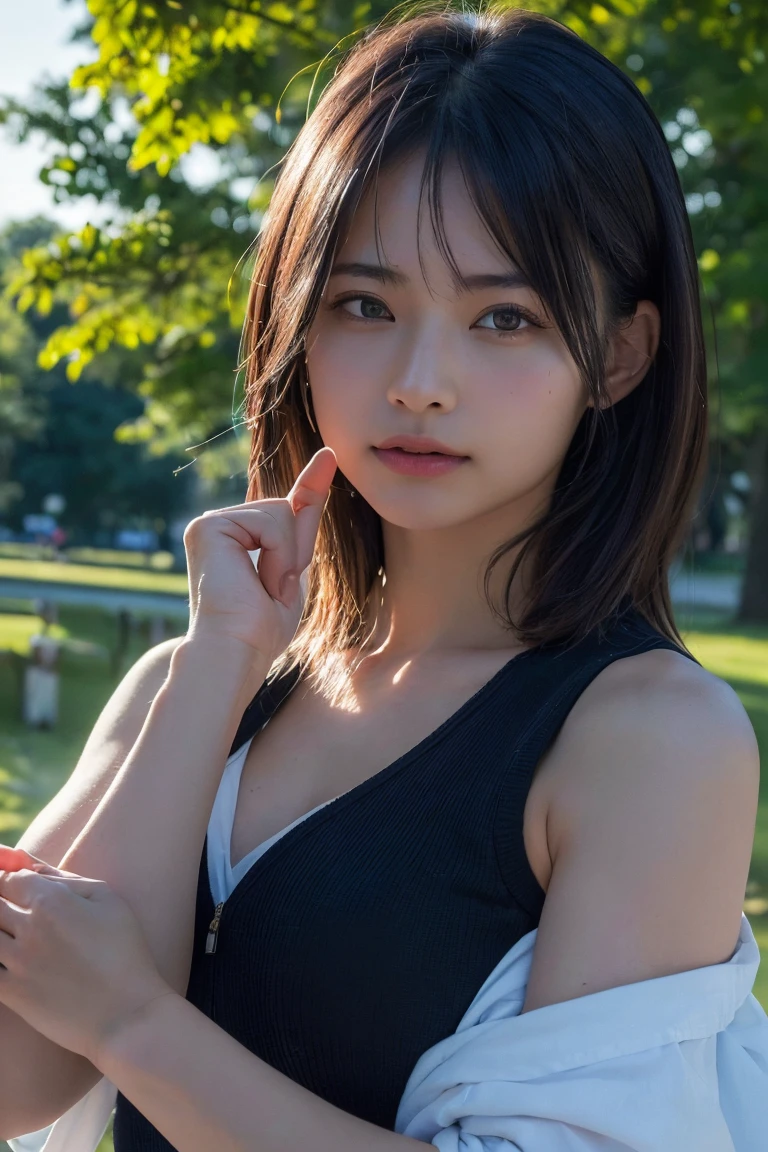 (Highest quality:1.4),(masterpiece:1.4),(Realistic:1.4),(Realistic:1.2),(超High resolution, RAW Photos:1.4),(High resolution, Ultra-detailed:1.2),(8k:1.2),Cinematic photography,a photo of a dark-haired,One girl,alone,wear ,((Japanese female warrior))、((Upper Body:1.3))、Raise your arms to show your sides、((Raise your arms to show your sides))、In the park