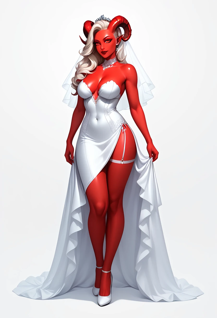 score_9, score_8_up, score_7_up, 1girl, solo, flowing hair, glowing red eyes, curved ram horns, sharp ears, red skin, demoness, stark white background, limited red palette, monochromatic, eerie atmosphere, light wedding dress, seductive, crawling seductively, sexy pose, thigh, full body