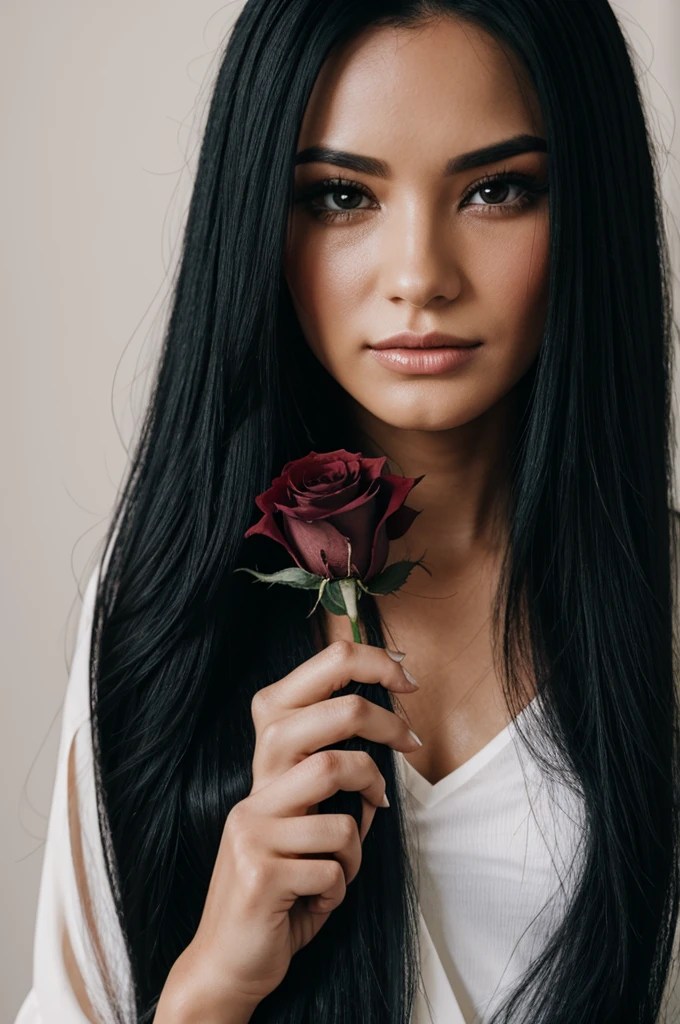 Woman with long black hair holding a black rose and with tears on her cheeks