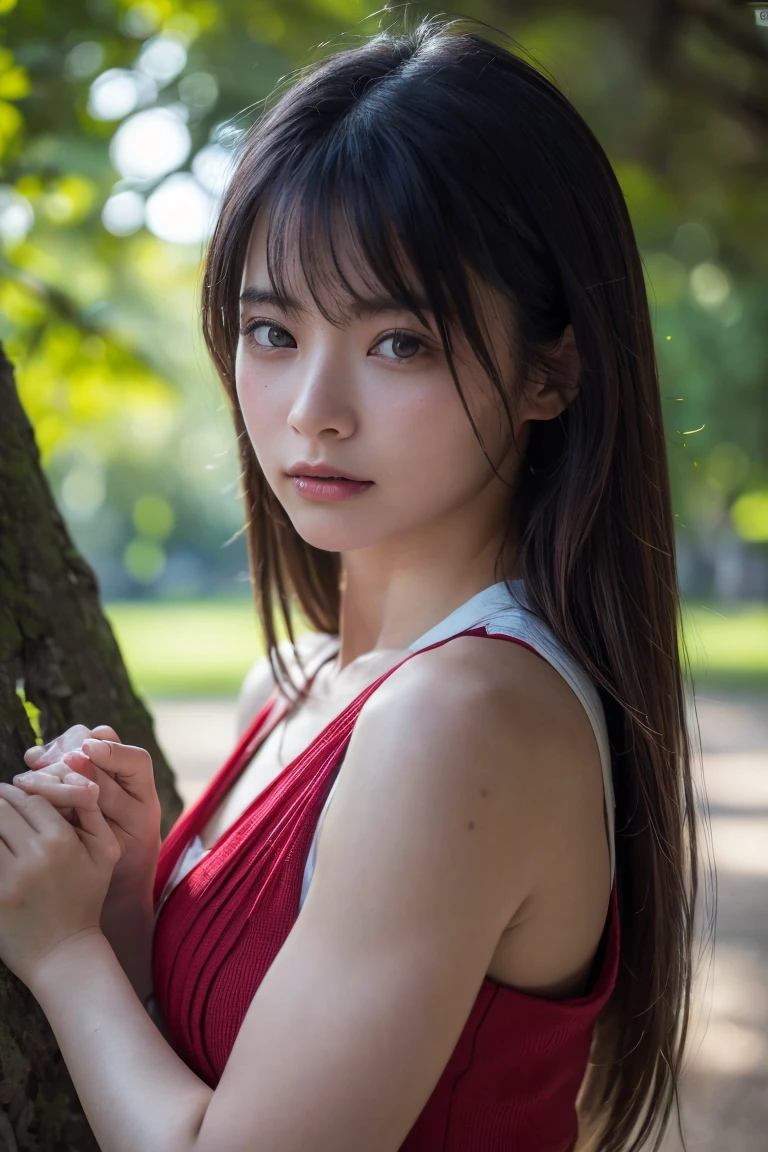 (Highest quality:1.4),(masterpiece:1.4),(Realistic:1.4),(Realistic:1.2),(超High resolution, RAW Photos:1.4),(High resolution, Ultra-detailed:1.2),(8k:1.2),Cinematic photography,a photo of a dark-haired,One girl,alone,wear ,((Japanese female warrior))、((Upper Body:1.3))、Raise your arms to show your sides、((Raise your arms to show your sides))、In the park