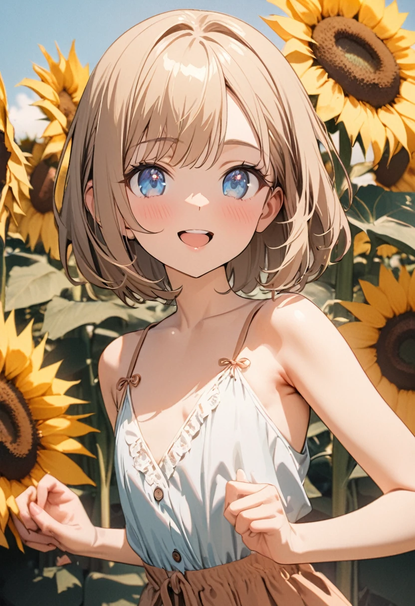 1 girl, 18yo, (flat chest: 1.5), blue eyes, light brown hair, bob cut, summer outfit, smile, open mouth, sunflower field, upper body, (various pose:1.5), bule sky, 8k, RAW photo, best quality, masterpiece, extremely detailed 8k wallpaper, ultra-detailed, best shadow, detailed background, beautiful detailed face, beautiful detailed eyes, nice hands, perfect hands