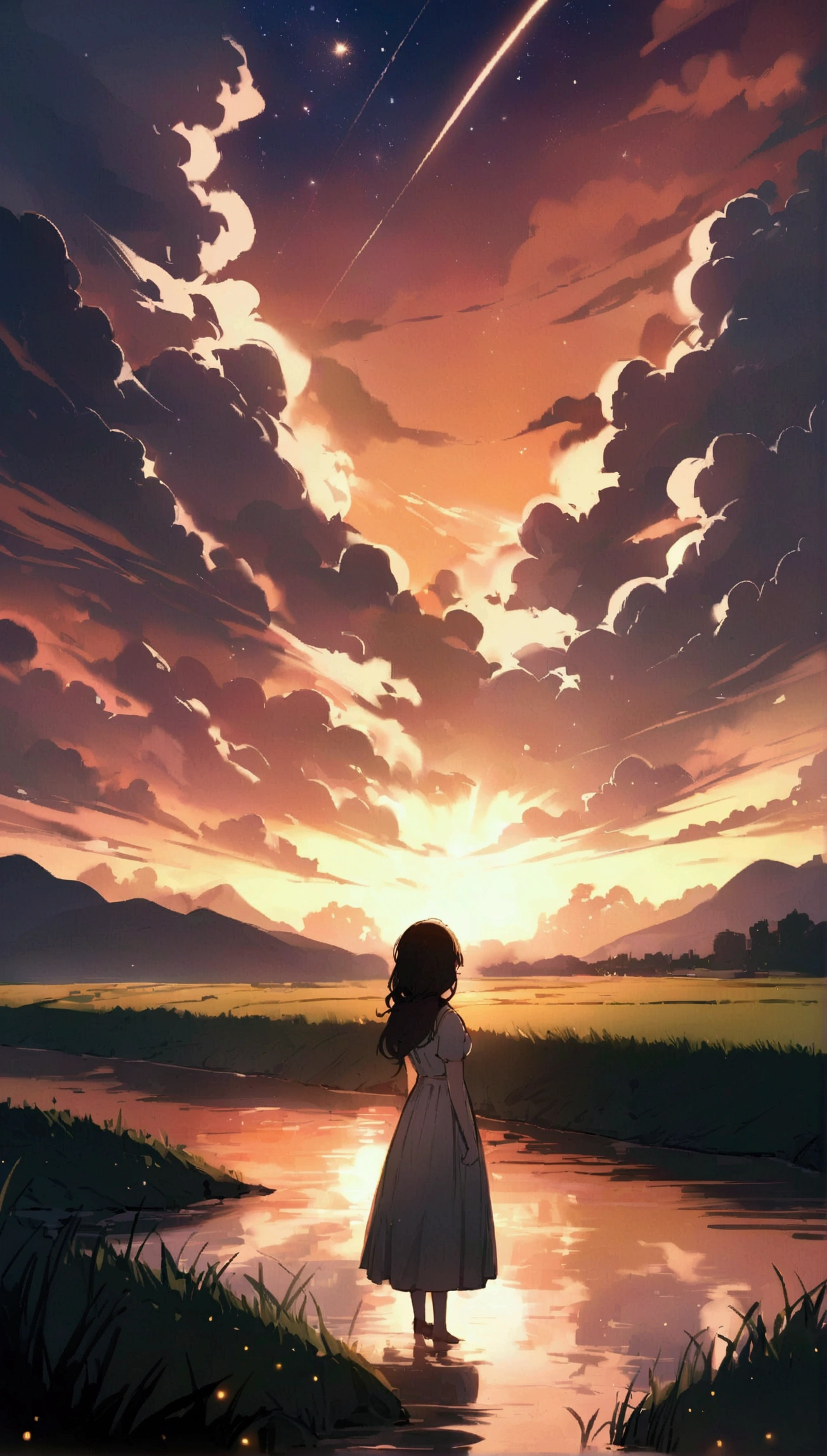 , river, Beautiful sunset, Big Clouds, Green Grass, sad mood, I can see the stars beyond the clouds, space, The sun's light illuminates the world, masterpiece, Mountain々