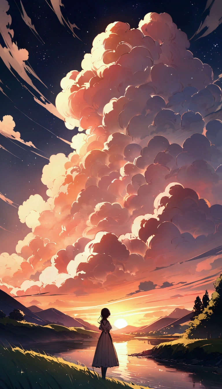 , river, Beautiful sunset, Big Clouds, Green Grass, sad mood, I can see the stars beyond the clouds, space, The sun's light illuminates the world, masterpiece, Mountain々