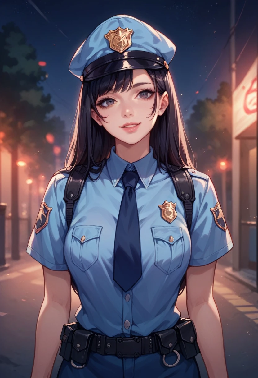 Woman, beautiful, black hair, sexy police officer in uniform, black color, night, soft light, facial details, from front, with gun, smiling, light pink lips, --Realistic Style-Imagination-