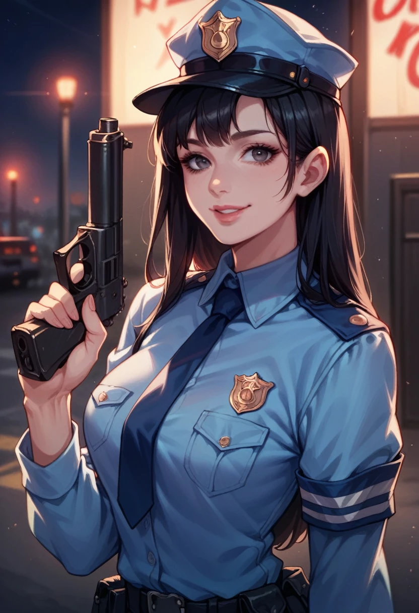 Woman, beautiful, black hair, sexy police officer in uniform, black color, night, soft light, facial details, from front, with gun, smiling, light pink lips, --Realistic Style-Imagination-