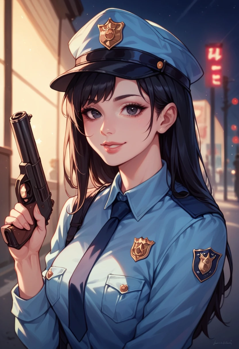 Woman, beautiful, black hair, sexy police officer in uniform, black color, night, soft light, facial details, from front, with gun, smiling, light pink lips, --Realistic Style-Imagination-