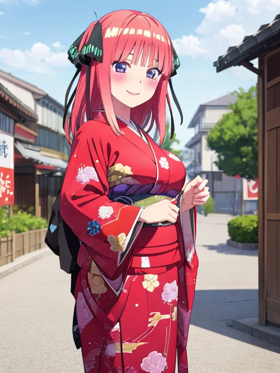 best quality, insanely detailed, nino nakano, kimono, breasts, blush, outdoor background, smile, pussy