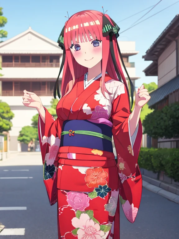best quality, insanely detailed, nino nakano, kimono, breasts, blush, outdoor background, smile, pussy