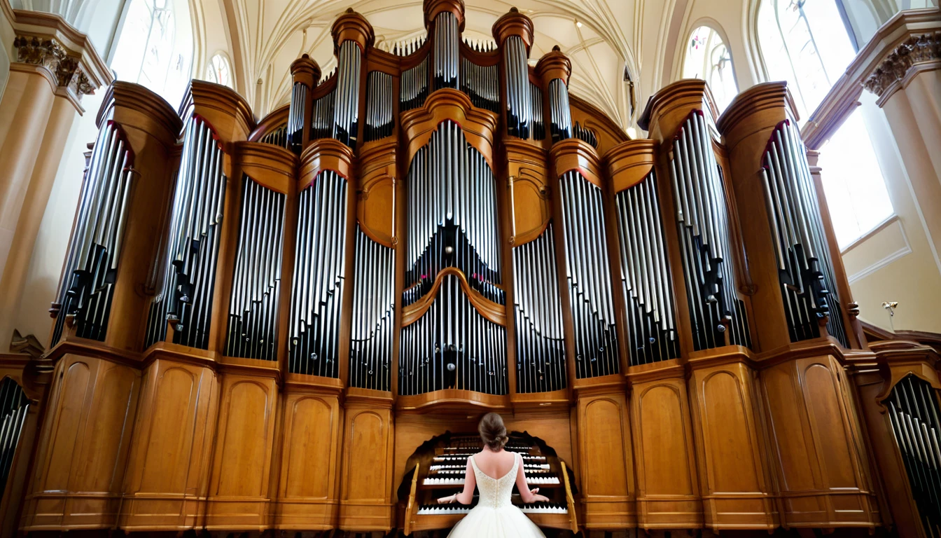 A beautiful woman playing a large pipe organ