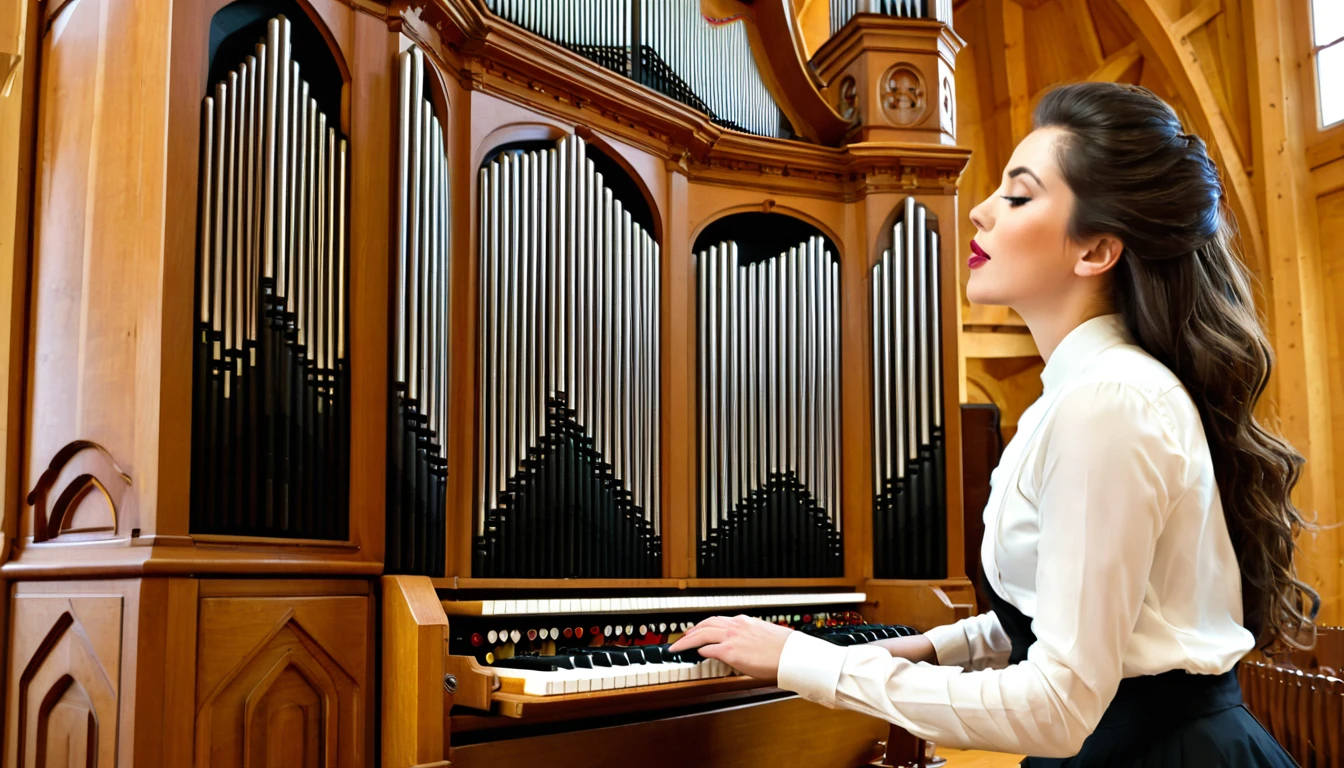 A beautiful woman playing a large pipe organ